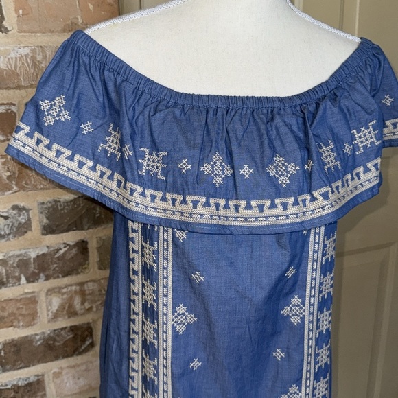 NWT Joy Joy Boho Off Shoulder Chambray Mini Dress Western Embroidery - Picture 2 of 12